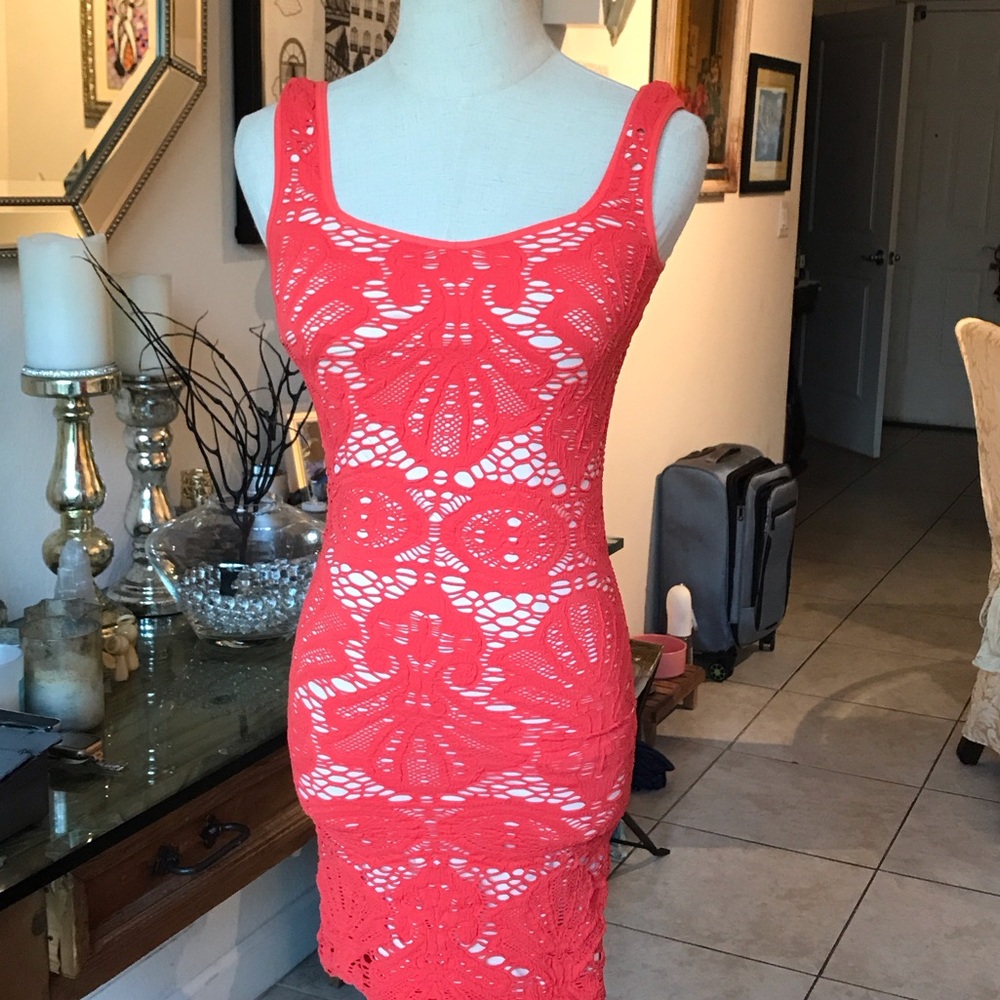 Vibrant Coral Lace Midi Dress
